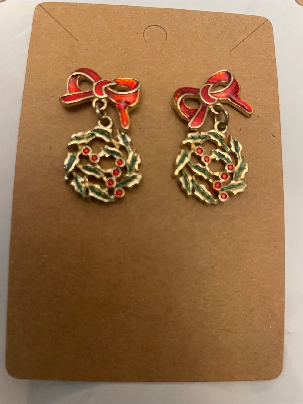 Festive Red Bow and Green Wreath Drop Earrings